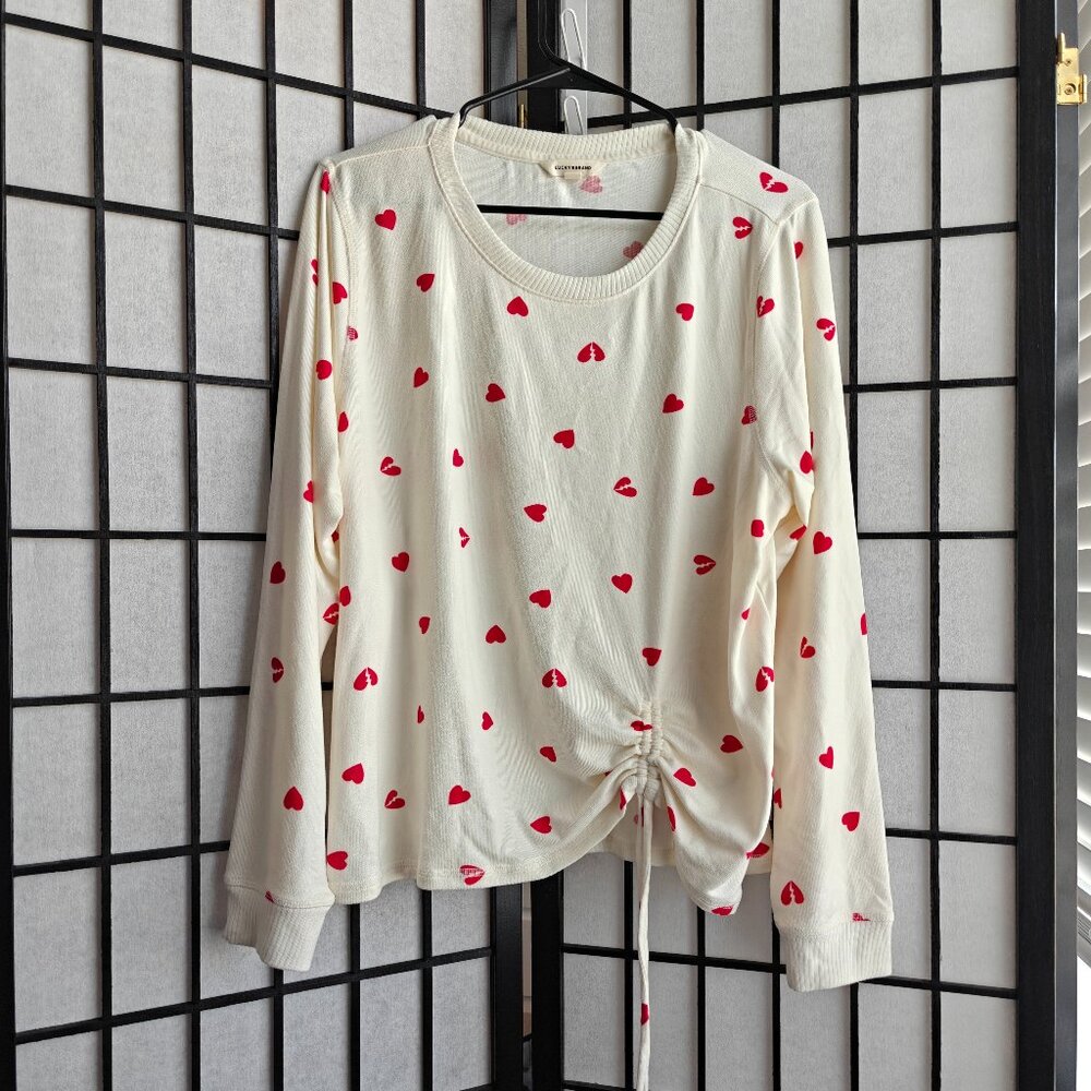Lucky Brand Broken Hearts Sweatshirt Cream and Red XL Scrunch Detail Lightweight